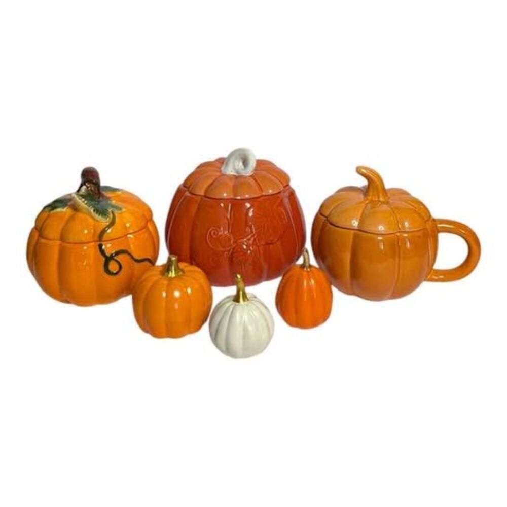 Set of 6 Assorted Sized Ceramic Decor Pumpkins